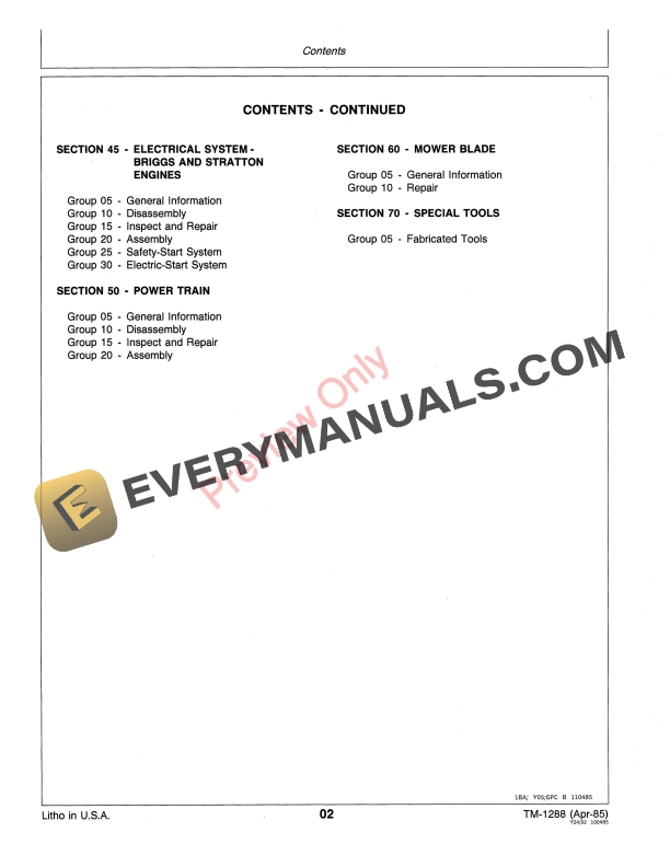 John Deere 18, 20, 21-In. Walk Behind Rotary Mowers Technical Manual TM1288 01MAY86 7 John Deere 18 20 21 In. Walk Behind Rotary Mowers Technical Manual TM1288 01MAY86 4
