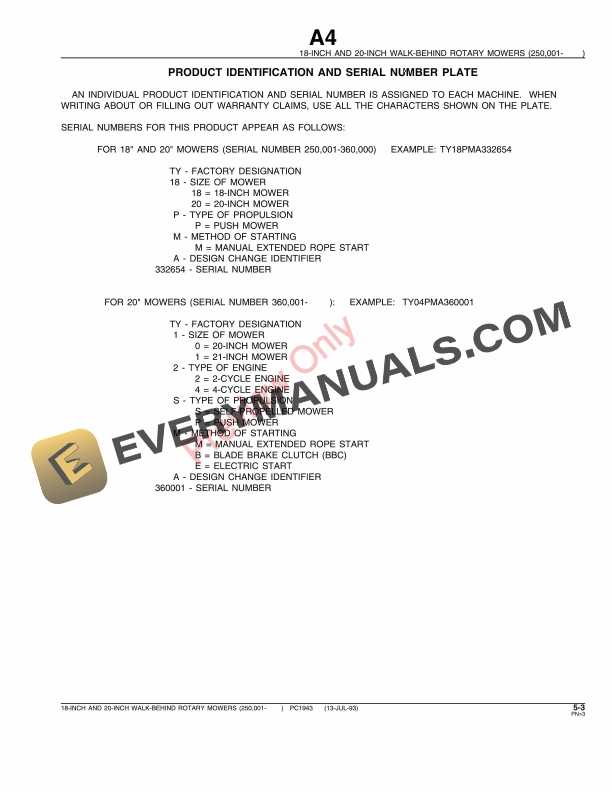 John Deere 18, 20-Inch Walk-Behind Mowers Parts Catalog PC1943 13JUL93-5