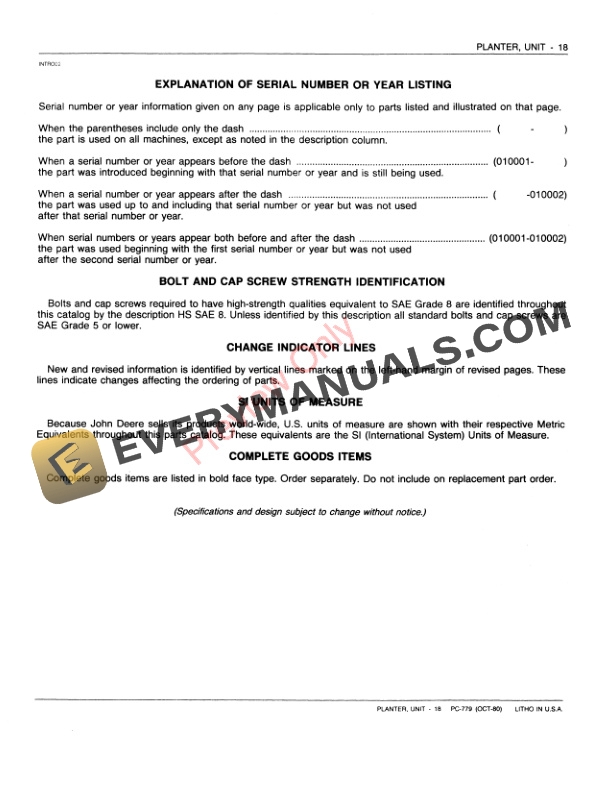 John Deere 18 Unit Planter Parts Catalog PC779 01OCT80 4 John Deere 18 Unit Planter Parts Catalog PC779 01OCT80-3