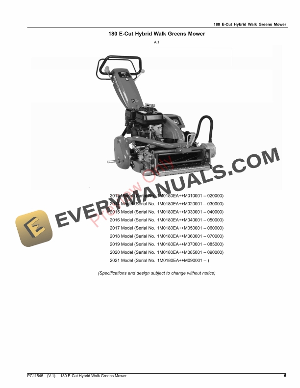 John Deere 180 E Cut Hybrid Walk Greens Mower Parts Catalog PC11545 12SEP23 5