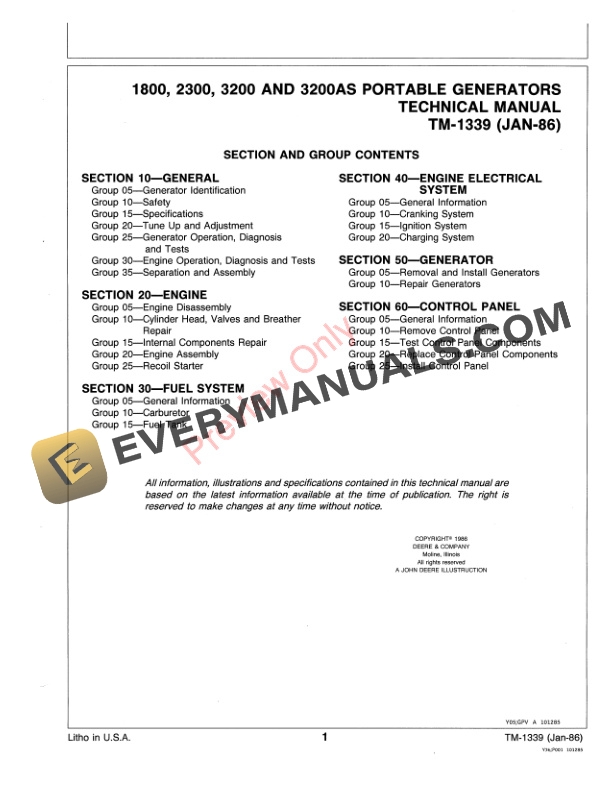 John Deere 1800, 2300 and 3200 Portable Generator Technical Manual TM1339 01JAN86 4 John Deere 1800 2300 and 3200 Portable Generator Technical Manual TM1339 01JAN86 3
