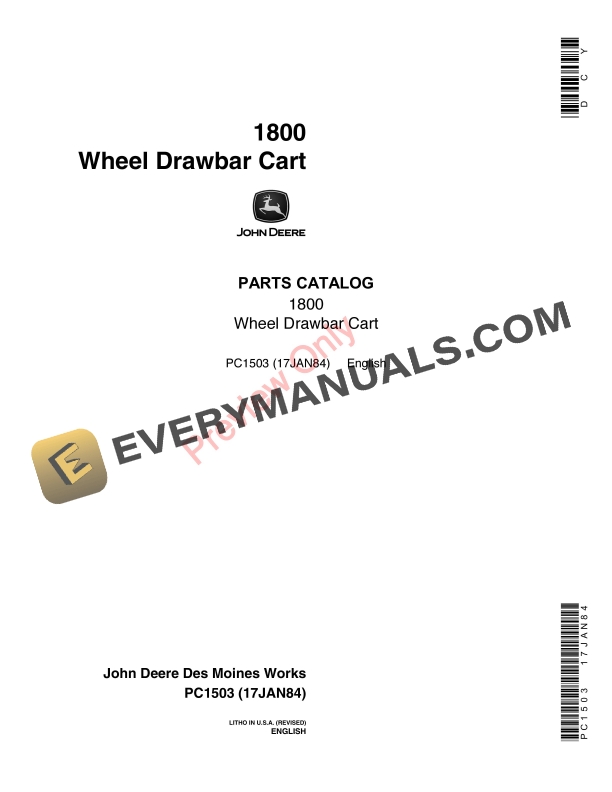 John Deere 1800 Wheel Drawbar Cart Parts Catalog PC1503 17JAN84-1