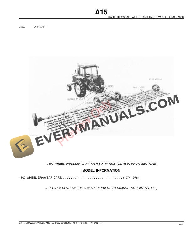 John Deere 1800 Wheel Drawbar Cart Parts Catalog PC1503 17JAN84-3