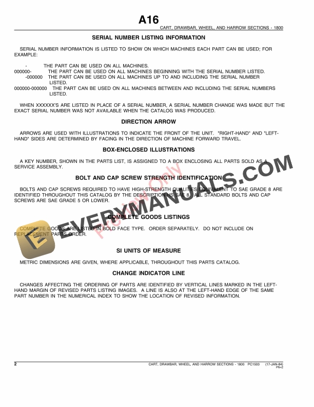 John Deere 1800 Wheel Drawbar Cart Parts Catalog PC1503 17JAN84-4