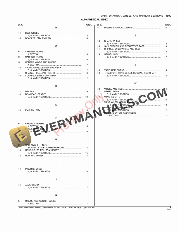 John Deere 1800 Wheel Drawbar Cart Parts Catalog PC1503 17JAN84-5
