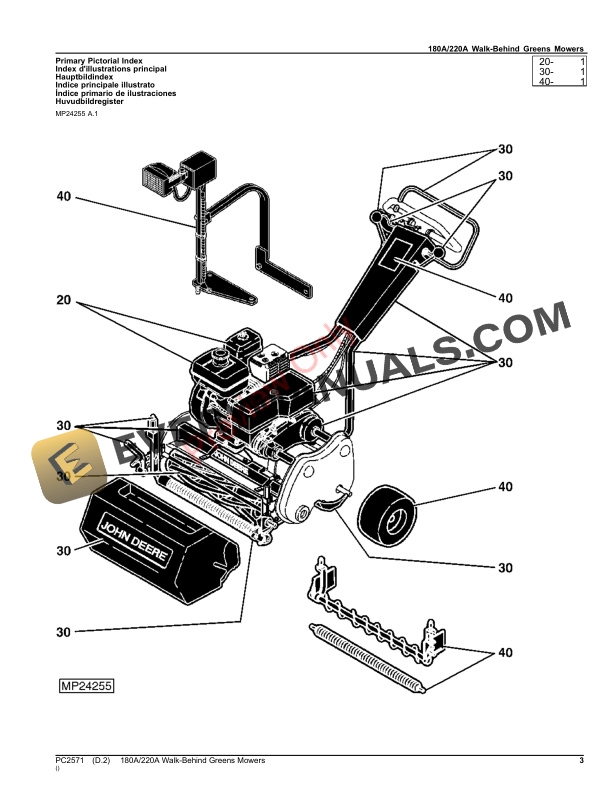 John Deere 180A AND 220A WALK-BEHIND GREENS MOWERS Parts Catalog PC2571 18JUL23 4 John Deere 180A AND 220A WALK-BEHIND GREENS MOWERS Parts Catalog PC2571 18JUL23-3