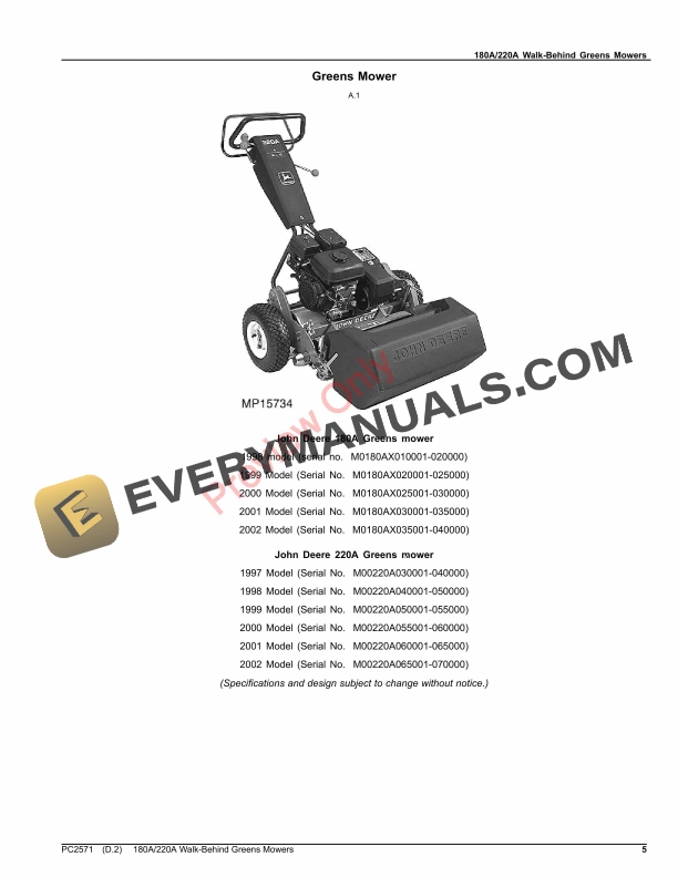John Deere 180A AND 220A WALK-BEHIND GREENS MOWERS Parts Catalog PC2571 18JUL23 6 John Deere 180A AND 220A WALK-BEHIND GREENS MOWERS Parts Catalog PC2571 18JUL23-5