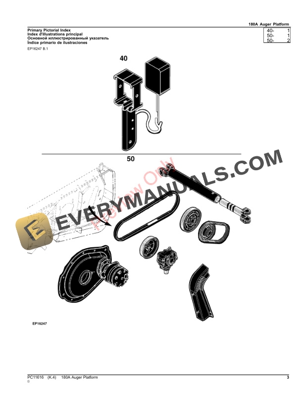 John Deere 180A Auger Platform Parts Catalog PC11616 27JUL23 3