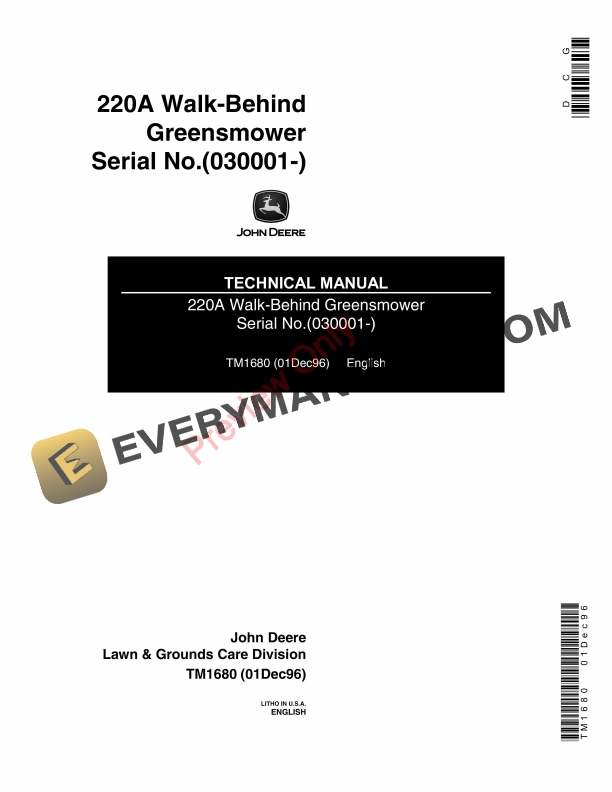 John Deere 180A and 220A Walk-Behind Greensmower Technical Manual TM1680 01DEC96-1