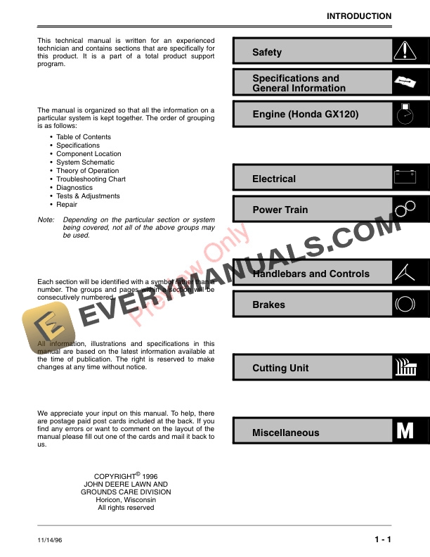 John Deere 180A and 220A Walk-Behind Greensmower Technical Manual TM1680 01DEC96 5 John Deere 180A and 220A Walk Behind Greensmower Technical Manual TM1680 01DEC96 3