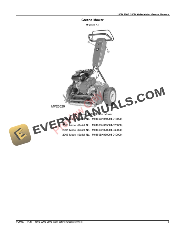 John Deere 180B, 220B, And 260B Walk-Behind Greens Mowers Parts Catalog PC9067 16JUL23-5