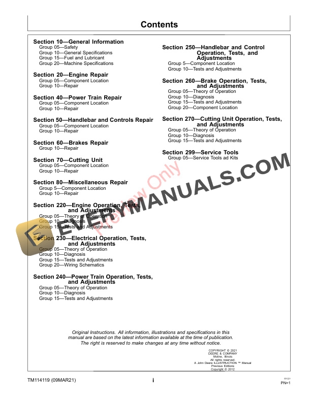 John Deere 180SL 220SL and 260SL Walk Greens Mower Technical Manual TM114119 09MAR21 3