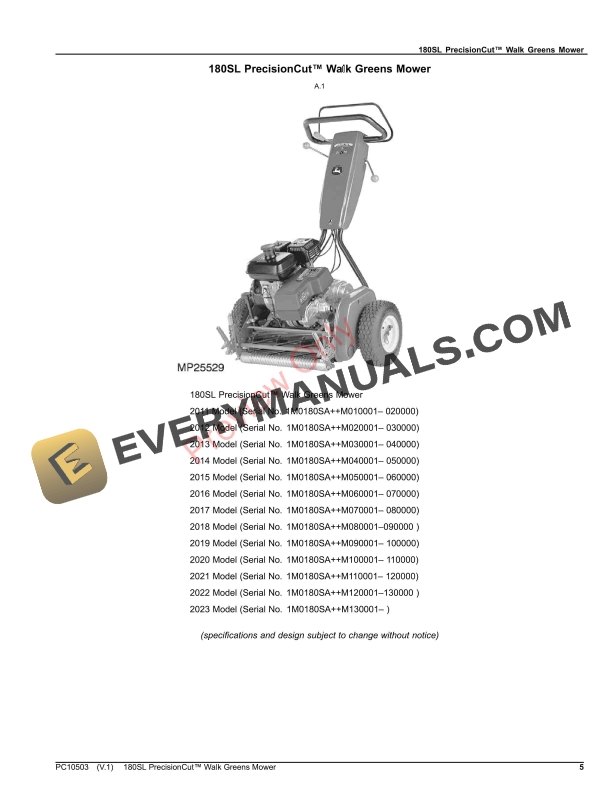 John Deere 180SL PrecisionCut Walk Greens Mower Parts Catalog PC10503 15OCT23 5