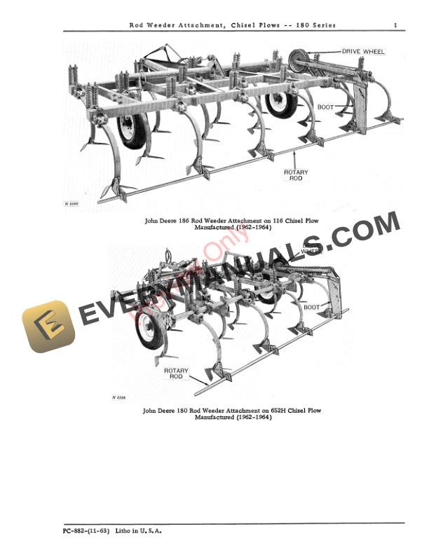 John Deere 181, 182, 184, 186 – 180 Series Rod Weeder Attachment For Tool Carriers or Chisel Plows Parts Catalog PC882 01NOV63-3