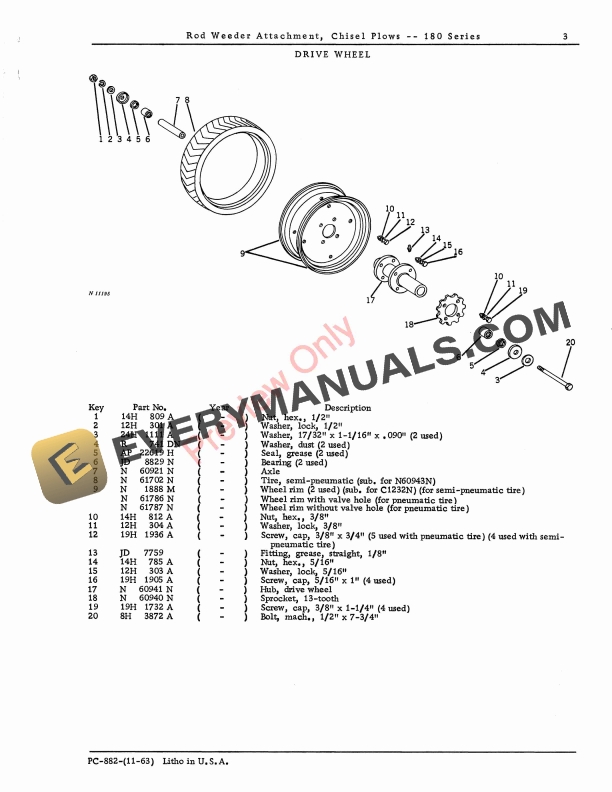 John Deere 181, 182, 184, 186 – 180 Series Rod Weeder Attachment For Tool Carriers or Chisel Plows Parts Catalog PC882 01NOV63-5