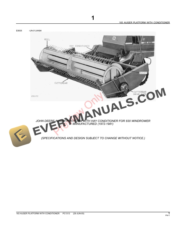 John Deere 183 Auger Platform Parts Catalog PC1313 11MAY11-3