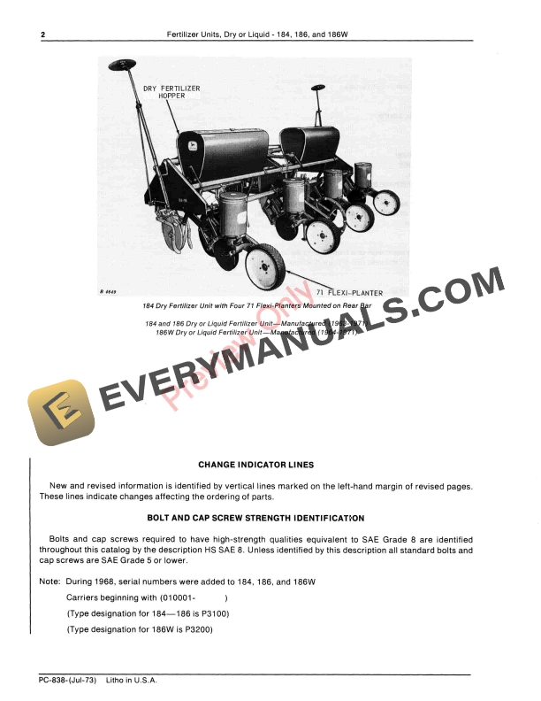 John Deere 184, 186, 186W Fertilizer Units Parts Catalog PC838 01JUL73-4