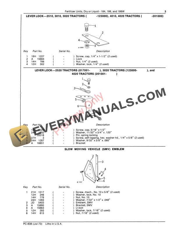John Deere 184, 186, 186W Fertilizer Units Parts Catalog PC838 01JUL73-5