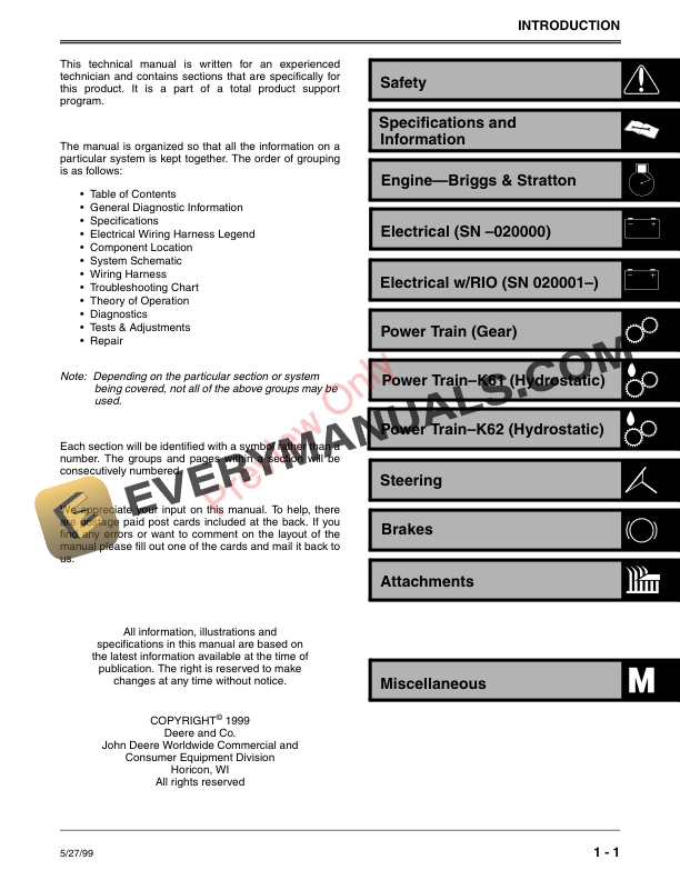 John Deere 1842GV, 1842HV, 1848GV and 1848 HV Sabre Yard Tractors Technical Manual TM1740 27MAY99 5 John Deere 1842GV 1842HV 1848GV and 1848 HV Sabre Yard Tractors Technical Manual TM1740 27MAY99 3