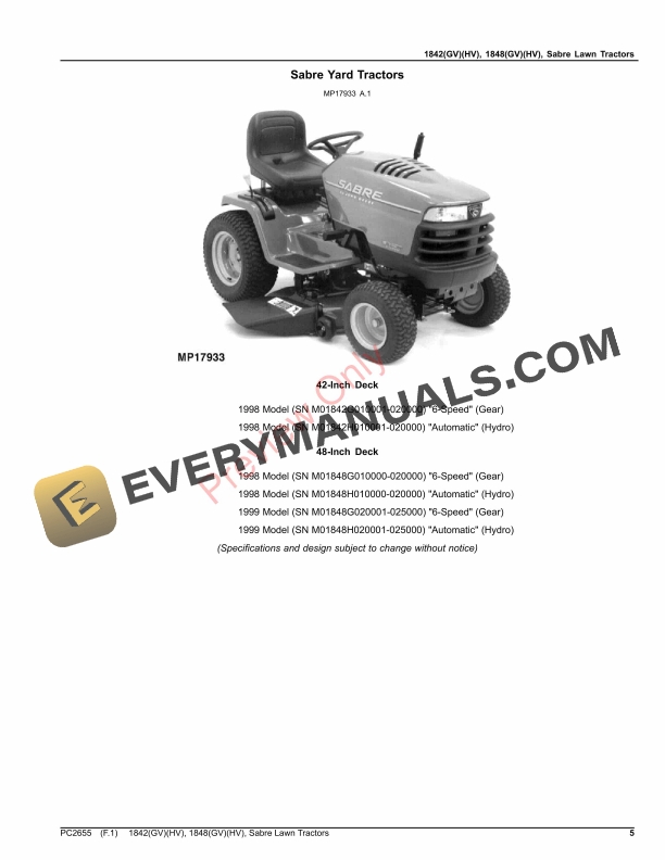 John Deere 1842GV, 1842HV, 1848GV and 1848HV Sabre Yard Tractors Parts Catalog PC2655 14SEP23-5