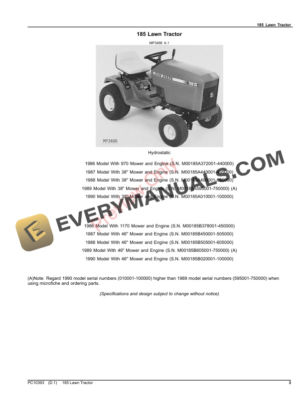 John Deere 185 LAWN TRACTORS Parts Catalog PC10393 27JUN23 3