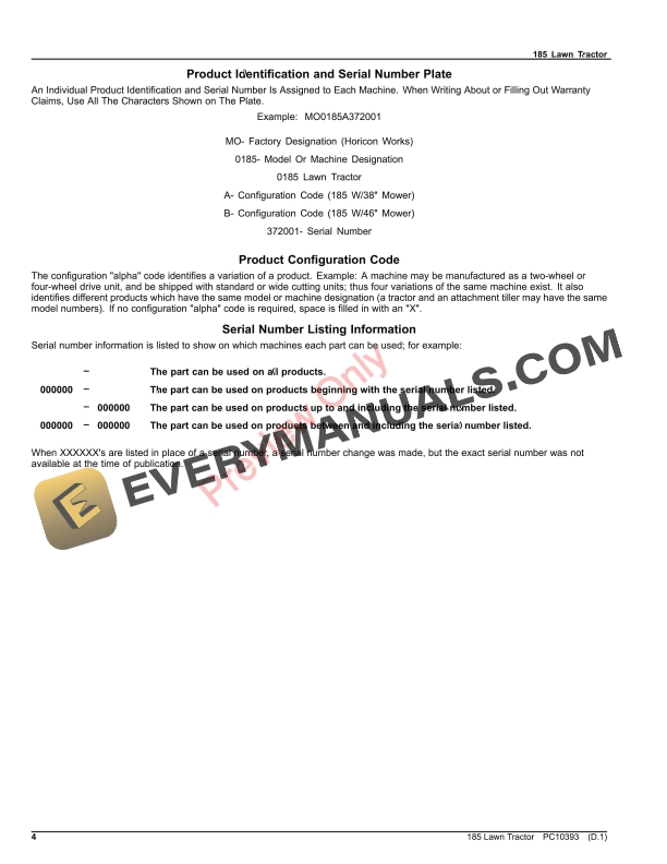 John Deere 185 LAWN TRACTORS Parts Catalog PC10393 27JUN23 4