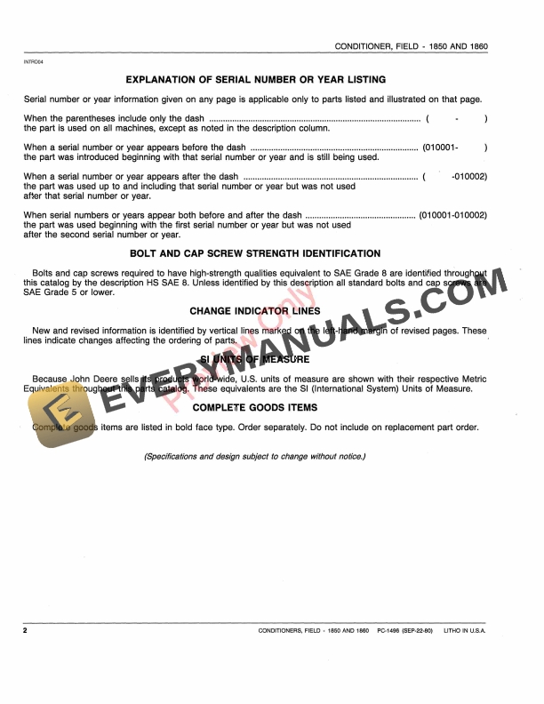 John Deere 1850, 1860 Field Conditioners Parts Catalog PC1496 22SEP80-4