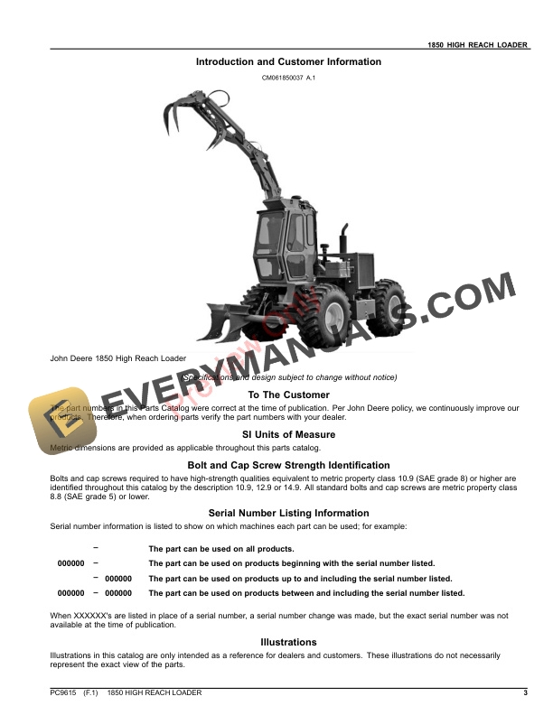 John Deere 1850 HIGH REACH LOADER Parts Catalog PC9615 14NOV23-3