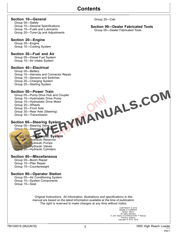 John Deere 1850 High Reach Loaders Repair Technical Manual TM124019 08JUN18 3