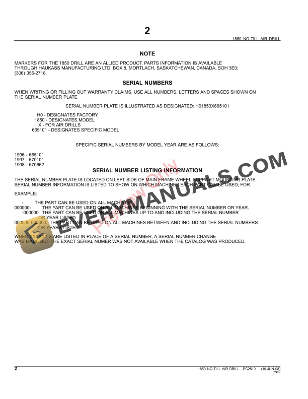 John Deere 1850 No-Till Air Drill Parts Catalog PC2510 23MAY11-4