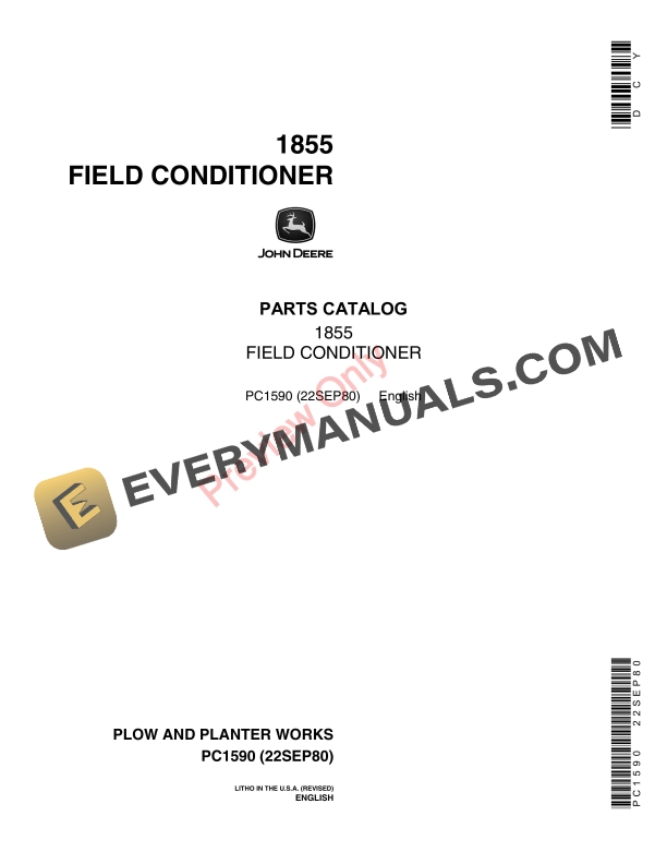 John Deere 1855 Field Conditioner Parts Catalog PC1590 22SEP80-1