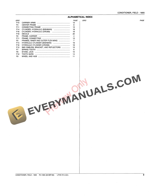 John Deere 1855 Field Conditioner Parts Catalog PC1590 22SEP80-5