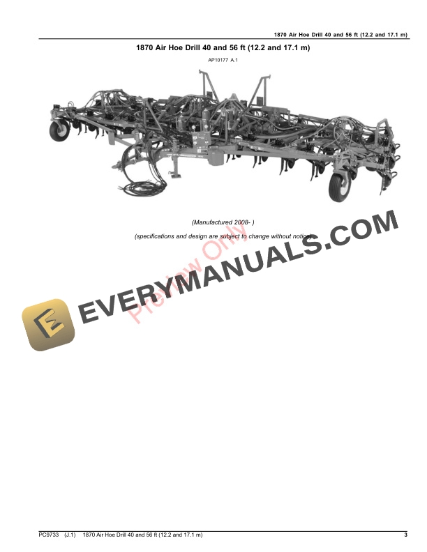 John Deere 1870 Air Hoe Drill 40 and 56 ft (12.2 and 17.1 m) Parts Catalog PC9733 06FEB23-3