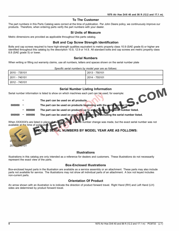 John Deere 1870 Air Hoe Drill 40 and 56 ft (12.2 and 17.1 m) Parts Catalog PC9733 06FEB23-4