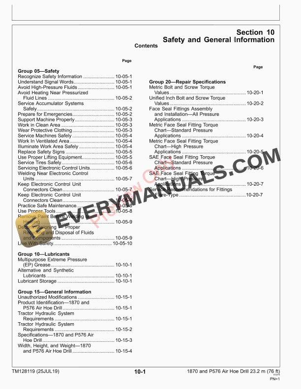 John Deere 1870 and P576 Air Hoe Drill 23.2 m 76 ft Repair Technical Manual TM128119 25JUL19 5