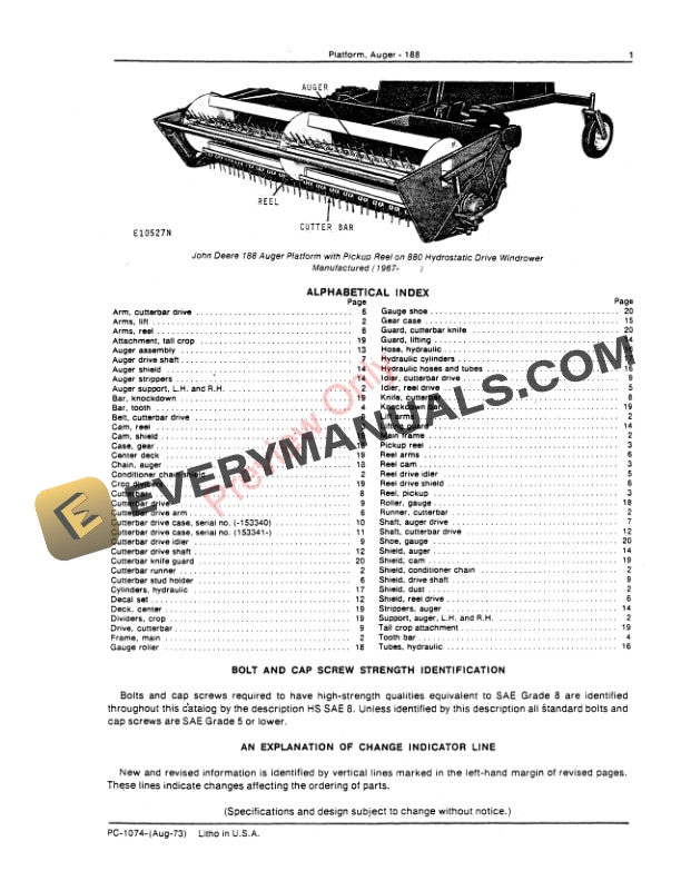John Deere 188 Auger Platform Parts Catalog PC1074 01AUG73 3