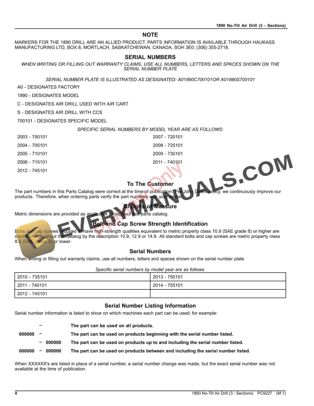John Deere 1890 No-Till Air Drill (3 – Sections) Parts Catalog PC9227 29JUN23-4