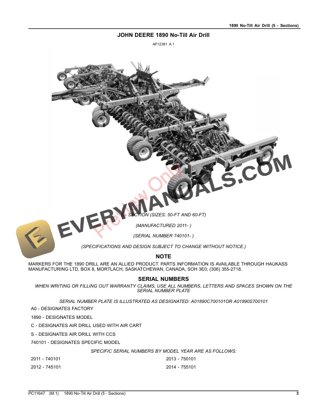 John Deere 1890 No Till Air Drill 5 Sections Parts Catalog PC11647 17OCT23 3