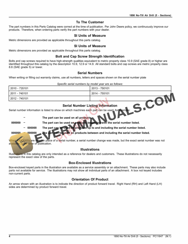 John Deere 1890 No Till Air Drill 5 Sections Parts Catalog PC11647 17OCT23 4