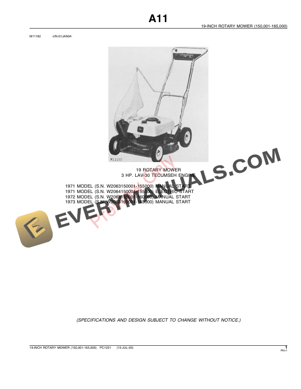 John Deere 19-Inch Rotary Mower Parts Catalog PC1251 13JUL93 4 John Deere 19-Inch Rotary Mower Parts Catalog PC1251 13JUL93-3