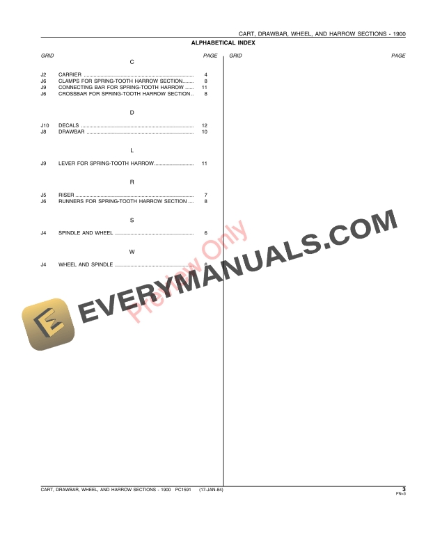John Deere 1900 Wheel Drawbar Cart Parts Catalog PC1591 17JAN84-5