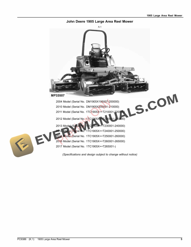 John Deere 1905 LARGE AREA REEL MOWER Parts Catalog PC9386 16NOV23-5