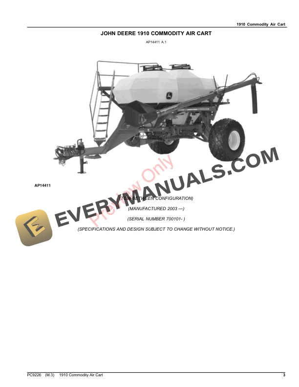 John Deere 1910 Commodity Air Cart Parts Catalog PC9226 26AUG23-3