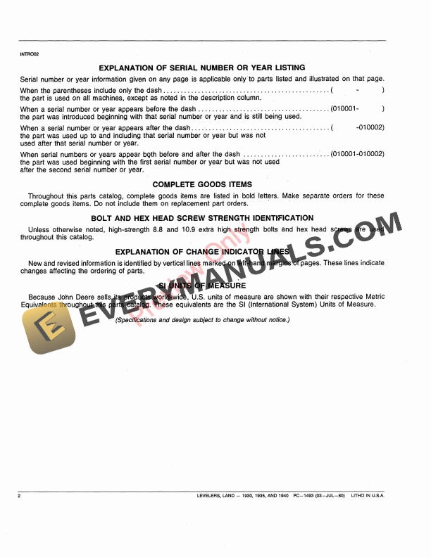John Deere 1930, 1935, 1940 Land Levelers Parts Catalog PC1493 03JUL80-4