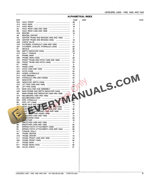 John Deere 1930, 1935, 1940 Land Levelers Parts Catalog PC1493 03JUL80-5