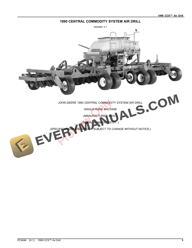 John Deere 1990 CCS Air Drill Parts Catalog PC9494 17AUG23-3