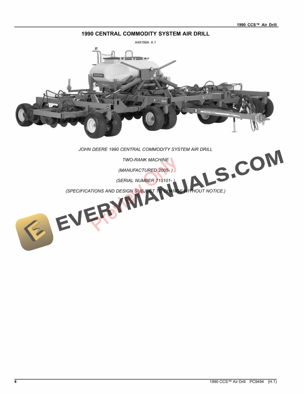 John Deere 1990 CCS Air Drill Parts Catalog PC9494 17AUG23-4