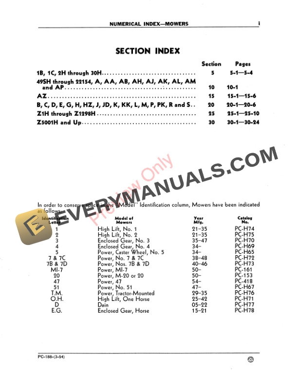 John Deere 1B 1C 2H Thru 30H 49SH A AA AB AH AH AL AM AP AZ B C D E G H HZ J JD K KK LL M P K R ANS S SZ1H Thru Z1298H Z5100 Hand Up Numerical Index Sickle Mowers Parts Catalog PC188 01MAR54-3