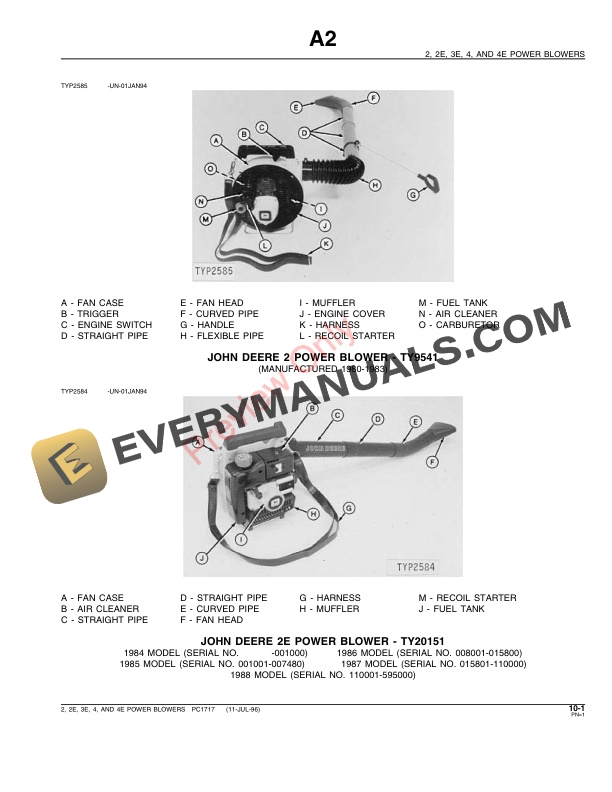 John Deere 2, 2E, 3E, 4, 4E Power Blowers Parts Catalog PC1717 11JUL96-3