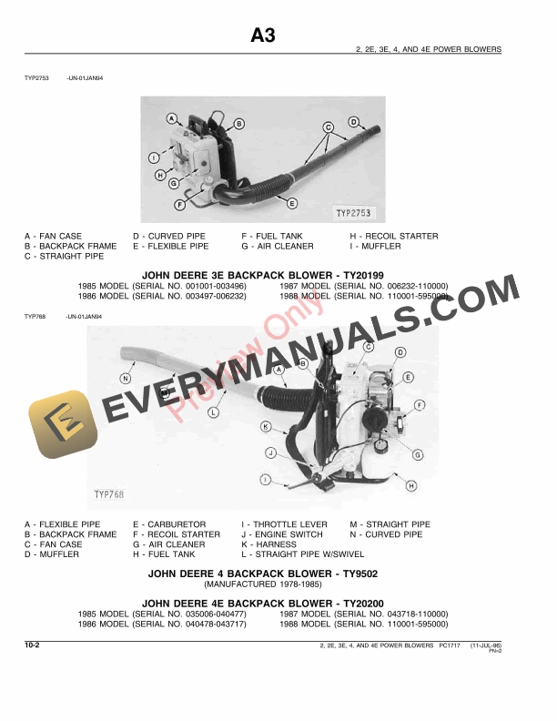 John Deere 2, 2E, 3E, 4, 4E Power Blowers Parts Catalog PC1717 11JUL96-4